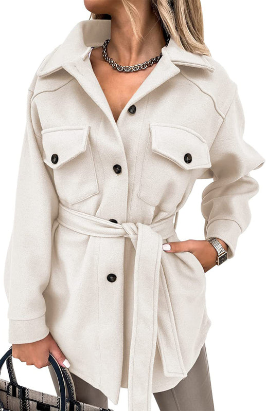 Women'S Lapel Tie Woolen Mid-Length Coat