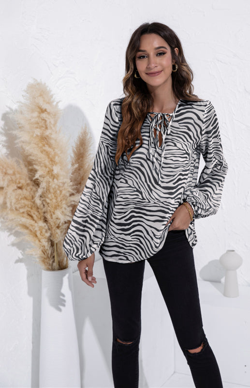 Women's Leopard V-Neck Long Sleeve Tie Print Puff Sleeve Chiffon Shirt