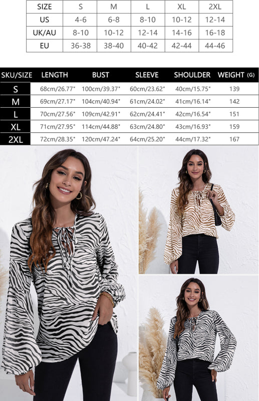Women's Leopard V-Neck Long Sleeve Tie Print Puff Sleeve Chiffon Shirt