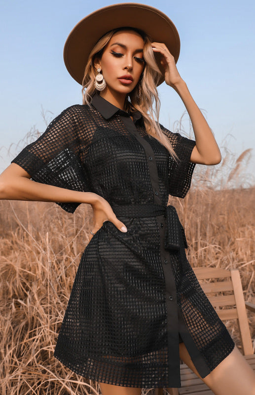 Ladies Lapel Tie Black Mesh Sheer Dress