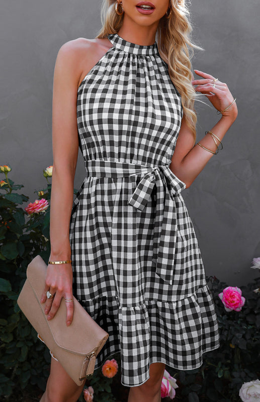 Ladies Spring Summer Fashion Wrap Chest Sleeveless Ruffle Plaid Dress