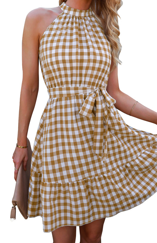 Ladies Spring Summer Fashion Wrap Chest Sleeveless Ruffle Plaid Dress