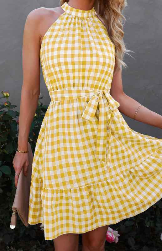 Ladies Spring Summer Fashion Wrap Chest Sleeveless Ruffle Plaid Dress