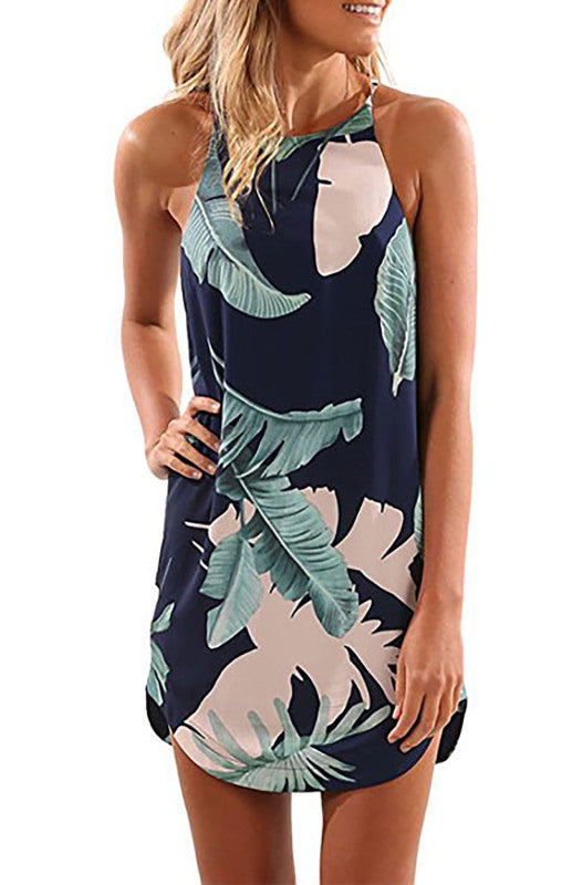 Women's Botanical Floral Print Navy Sleeveless Dress