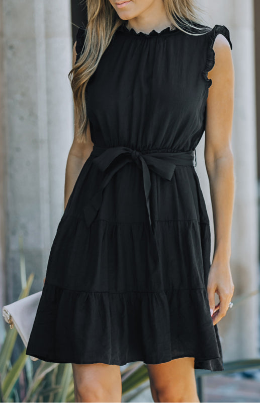 Women's Frilled Neck Sleeveless Tiered Tulle Dress