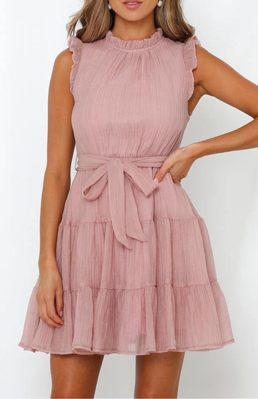 Women's Frilled Neck Sleeveless Tiered Tulle Dress