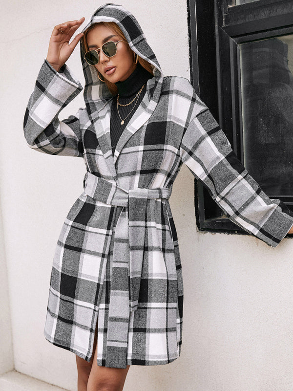 Loose Casual Checked Mid-Length Belted Hooded Wool Coat