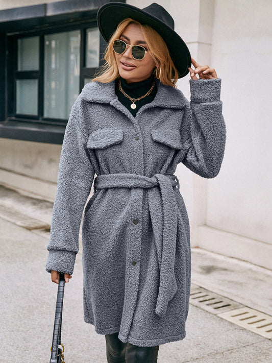 Mid-Length Lapel Belted Single-Breasted Woolen Coat