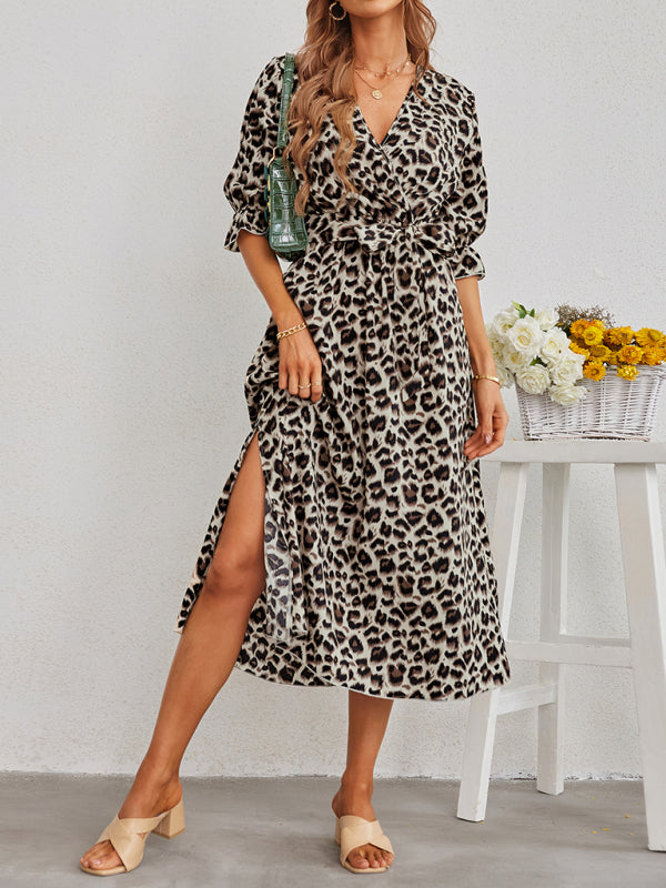 Women's fashion leopard print split dress