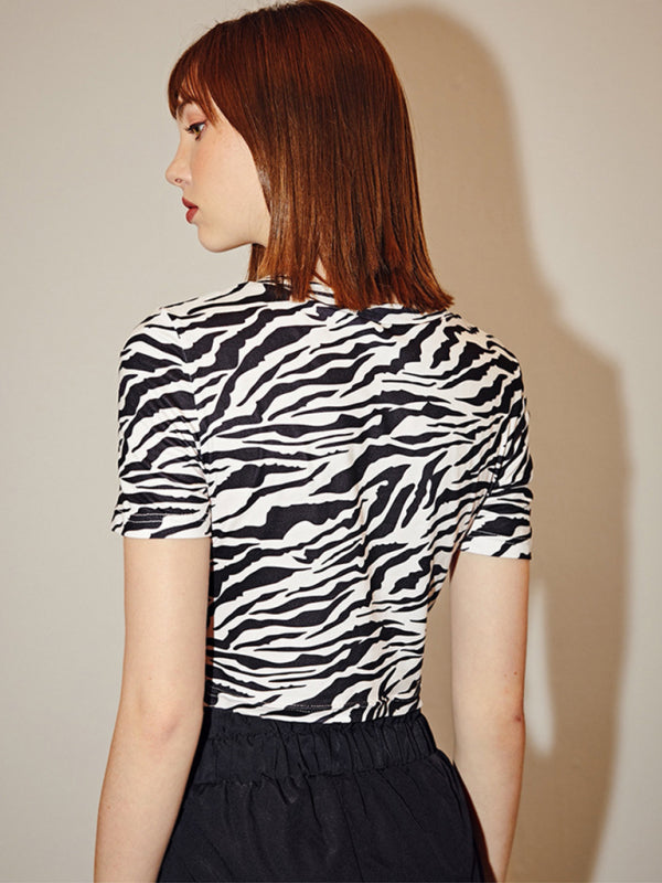 Women's zebra pattern printed short -sleeved short navel top