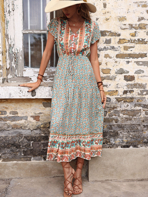 women's summer retro print green slimming dress