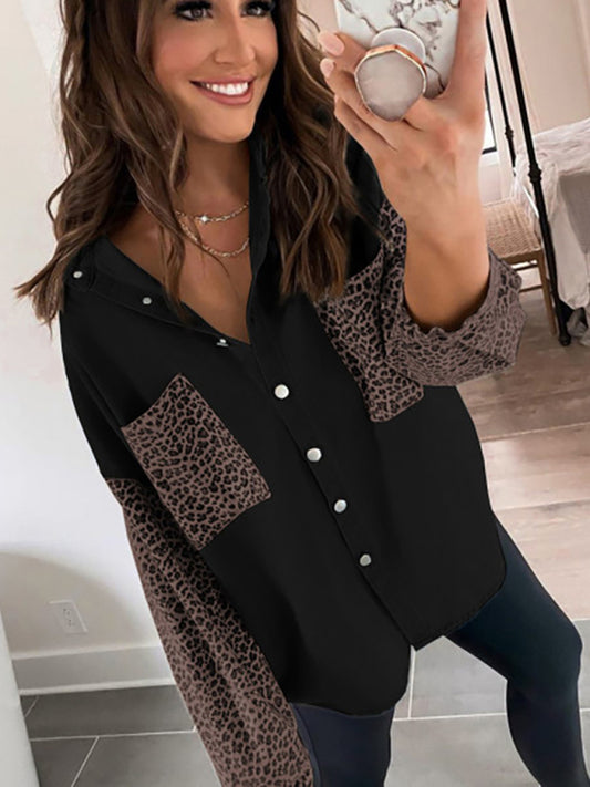Women's Long Sleeve Pocket Leopard Print Lapel Cardigan Top