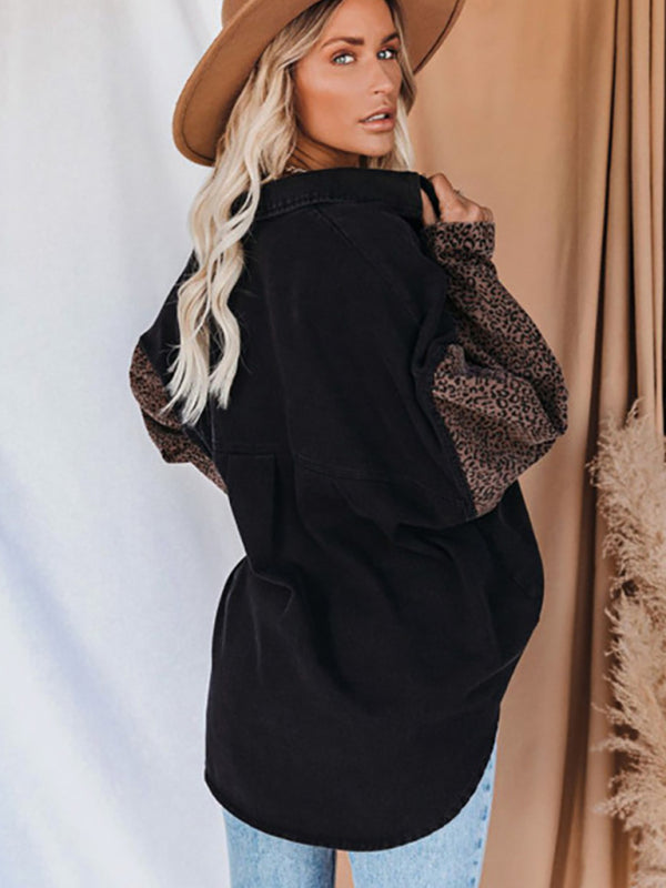 Women's Long Sleeve Pocket Leopard Print Lapel Cardigan Top