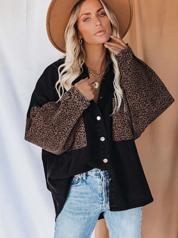 Women's Long Sleeve Pocket Leopard Print Lapel Cardigan Top