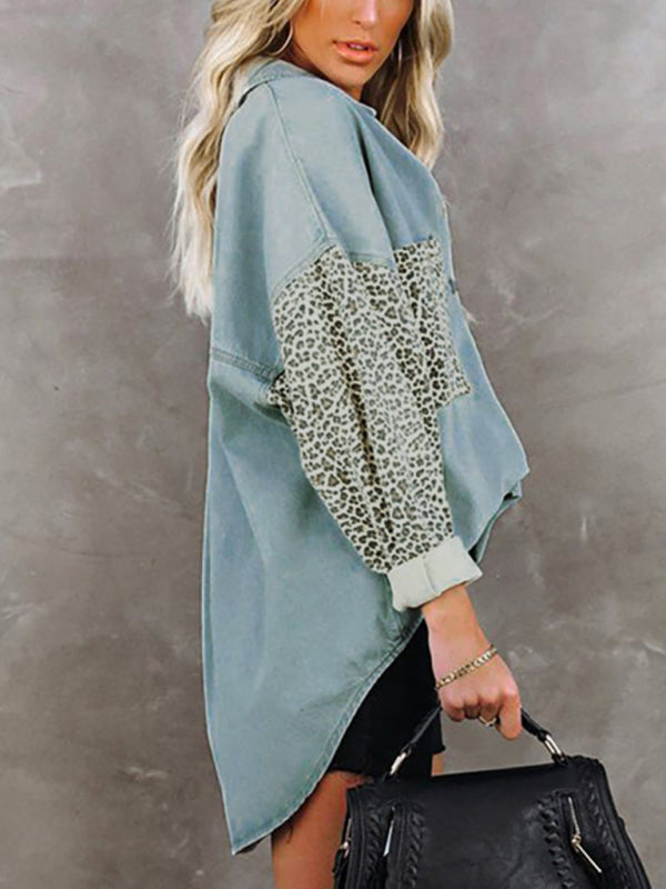 Women's Long Sleeve Pocket Leopard Print Lapel Cardigan Top