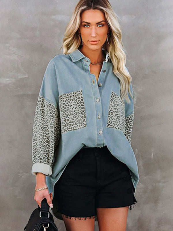 Women's Long Sleeve Pocket Leopard Print Lapel Cardigan Top