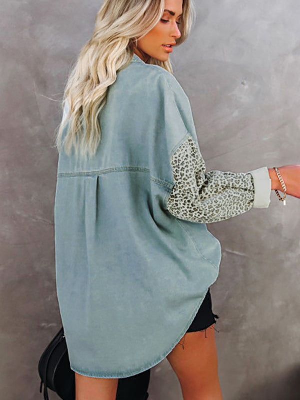 Women's Long Sleeve Pocket Leopard Print Lapel Cardigan Top