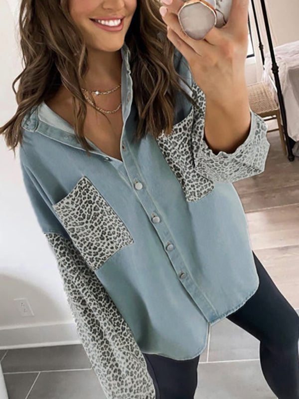 Women's Long Sleeve Pocket Leopard Print Lapel Cardigan Top