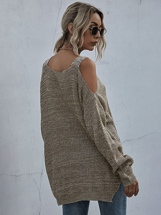 Women’s Chic Oversize Cold Shoulder Ribbed Sweater
