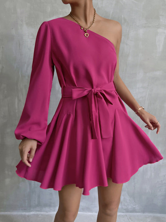 Woman'S Autumn New Solid Color Slanted Shoulder Unilateral Sleeve A-Line Swing Fashion Casual Dress