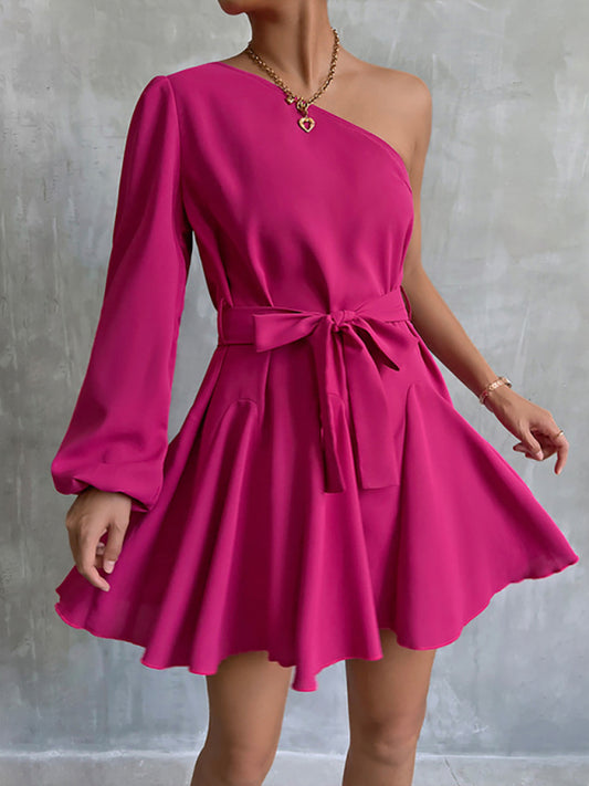 Woman'S Autumn New Solid Color Slanted Shoulder Unilateral Sleeve A-Line Swing Fashion Casual Dress