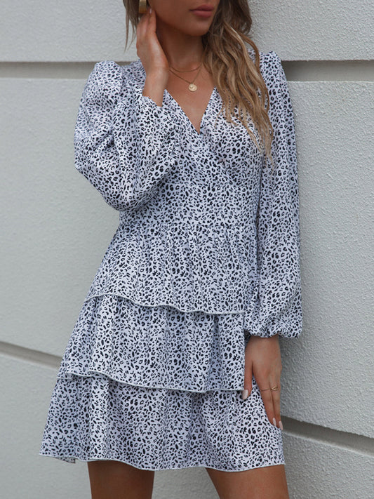 Woman'S Spring And Autumn New Cake Skirt V-Neck Waist Puff Sleeve Polka Dot Print Dress
