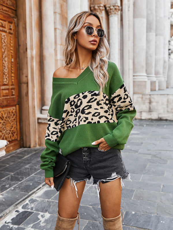 Women's V-Neck Colorblock Leopard Sweater