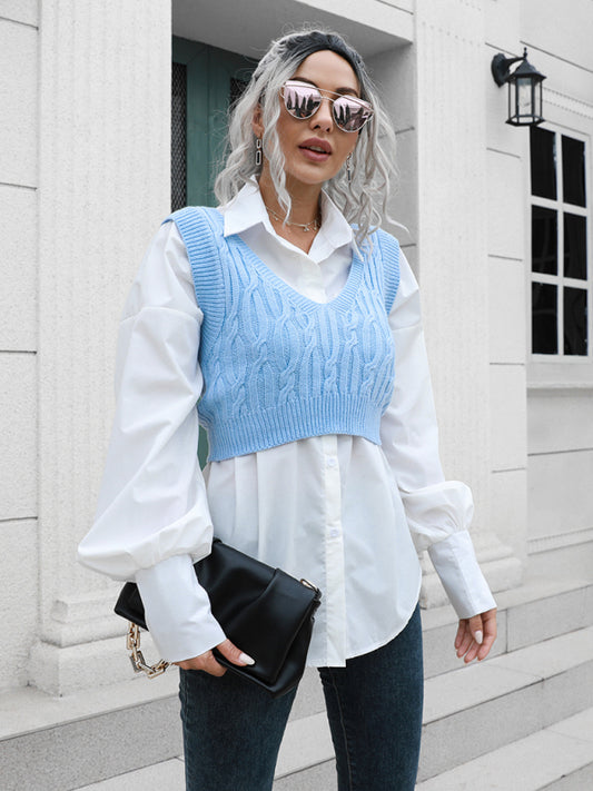 Women's fried dough twist V-neck vest sweater