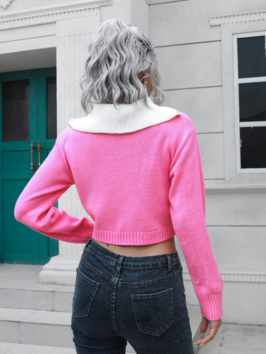 Women's zip Lapel color blocking short sweater