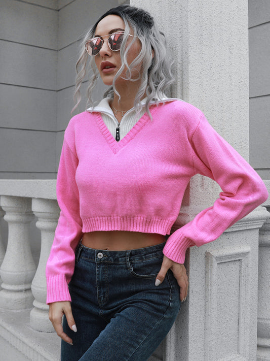 Women's zip Lapel color blocking short sweater