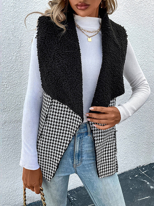 Woman'S Autumn And Winter Temperament Imitation Lamb Wool Stitching Houndstooth Coat Vest
