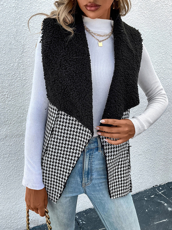Woman'S Autumn And Winter Temperament Imitation Lamb Wool Stitching Houndstooth Coat Vest