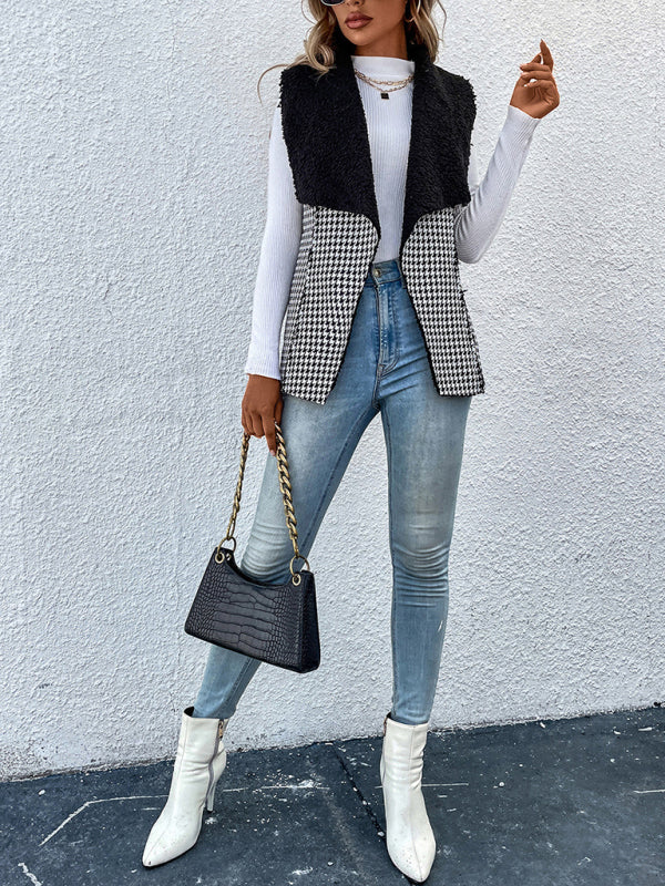 Woman'S Autumn And Winter Temperament Imitation Lamb Wool Stitching Houndstooth Coat Vest