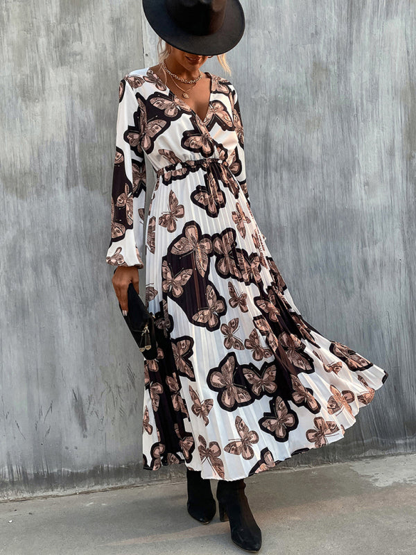 Woman'S Autumn New Bohemian Long Dress Long Sleeve V Neck Dress