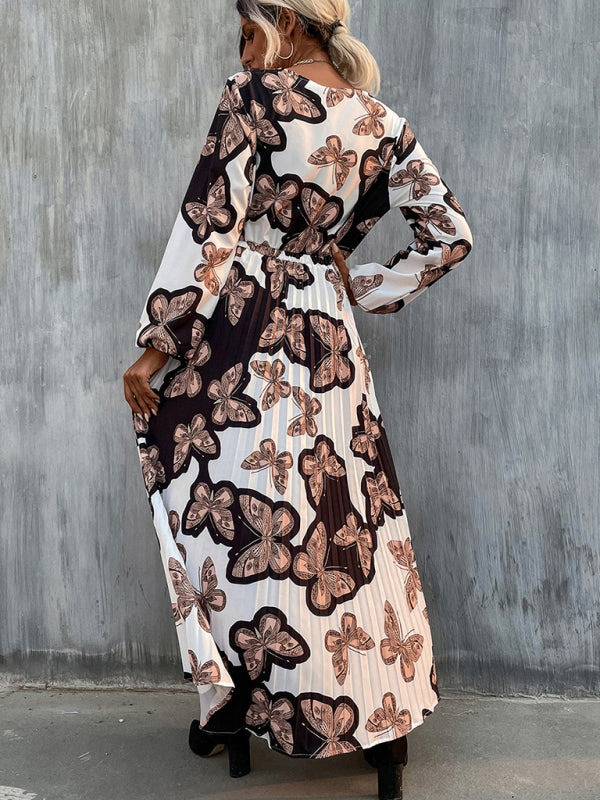 Woman'S Autumn New Bohemian Long Dress Long Sleeve V Neck Dress