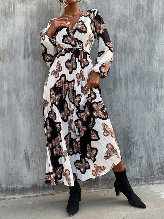 Woman'S Autumn New Bohemian Long Dress Long Sleeve V Neck Dress