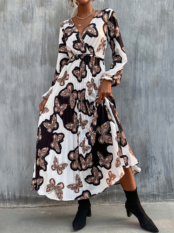 Woman'S Autumn New Bohemian Long Dress Long Sleeve V Neck Dress