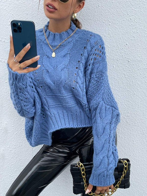 Women's Stand Collar Pullover Twist Knit Hollow Knit Sweater