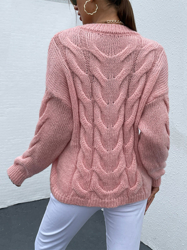 Women's Round Neck Pullover Twist Knit Solid Color Sweater