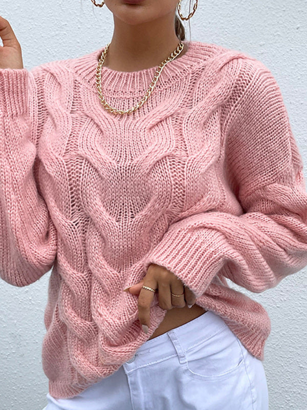 Women's Round Neck Pullover Twist Knit Solid Color Sweater