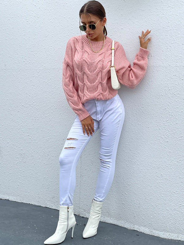 Women's Round Neck Pullover Twist Knit Solid Color Sweater