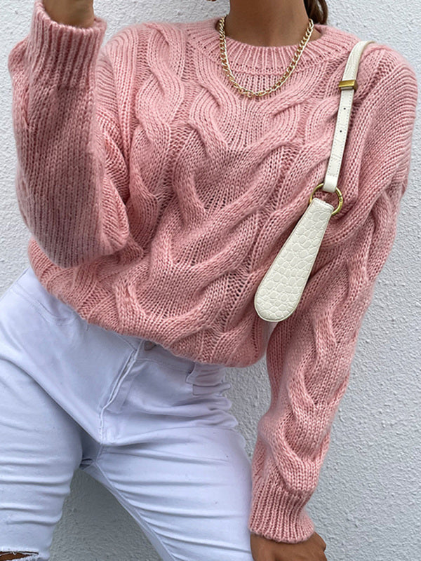 Women's Round Neck Pullover Twist Knit Solid Color Sweater