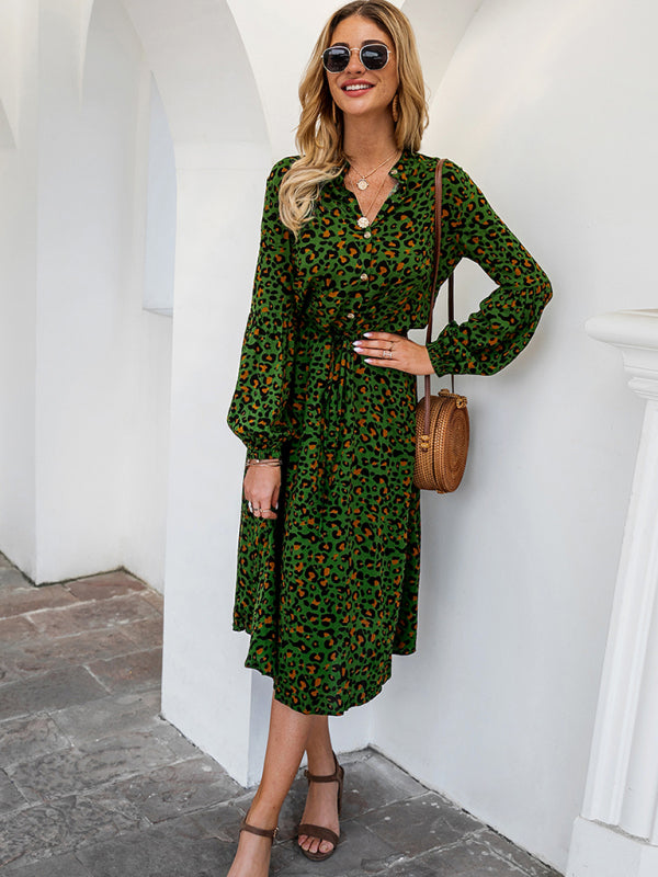 Women's leopard print long-sleeved mid-length dresses