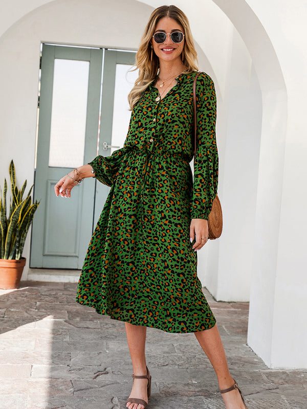 Women's leopard print long-sleeved mid-length dresses