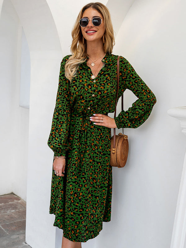 Women's leopard print long-sleeved mid-length dresses