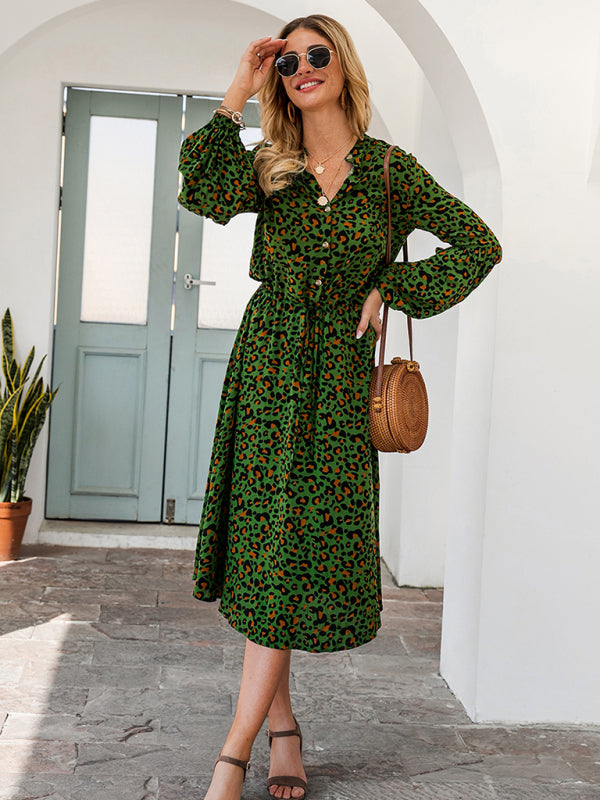 Women's leopard print long-sleeved mid-length dresses