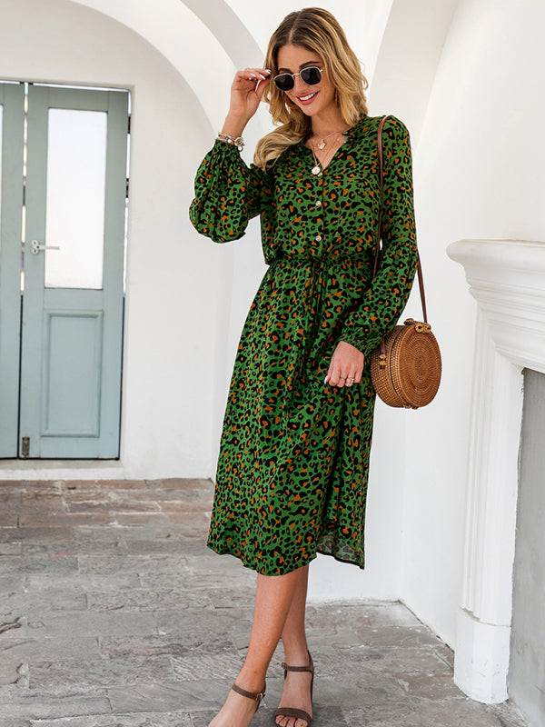 Women's leopard print long-sleeved mid-length dresses