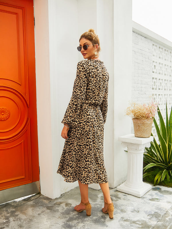 Women's leopard print long-sleeved mid-length dresses