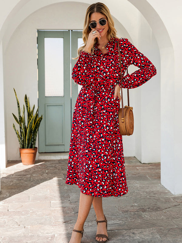 Women's leopard print long-sleeved mid-length dresses