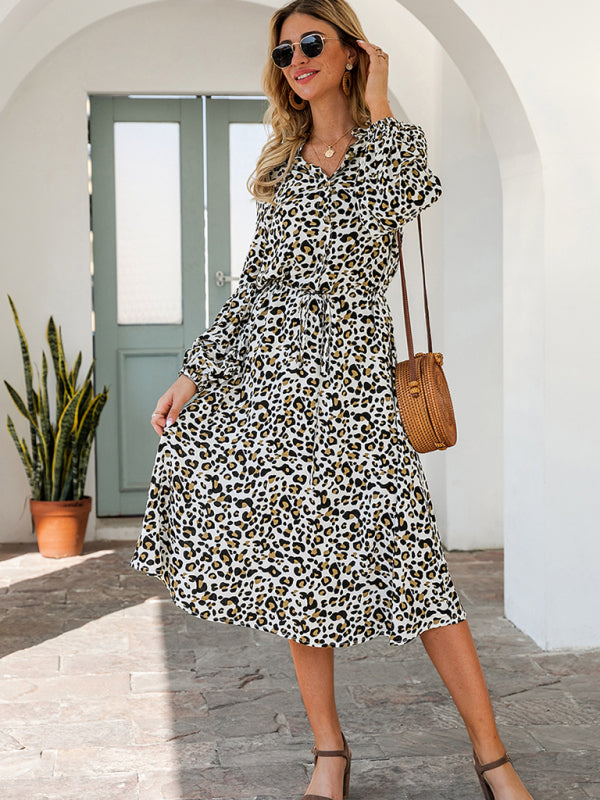 Women's leopard print long-sleeved mid-length dresses